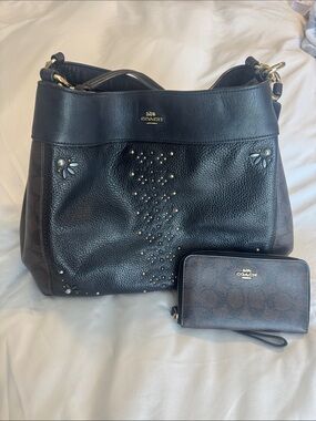 Coach Black Pebbled Leather Hobo with Studded Floral Accents & Matching Wallet